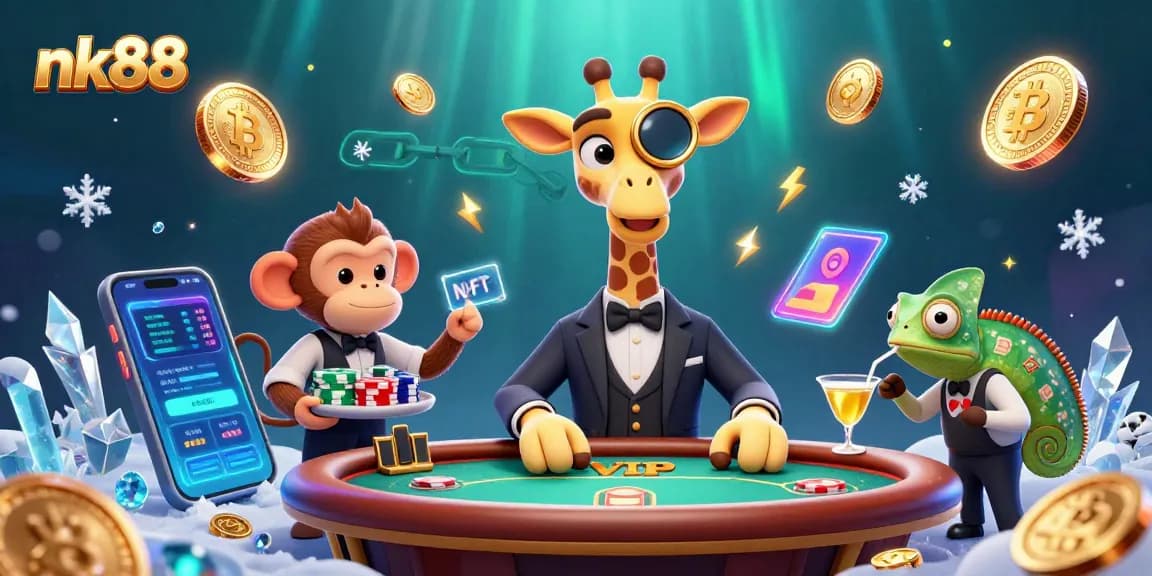 Experience the thrill of nk88 with a vibrant 3D casino scene featuring colorful characters and crypto elements.