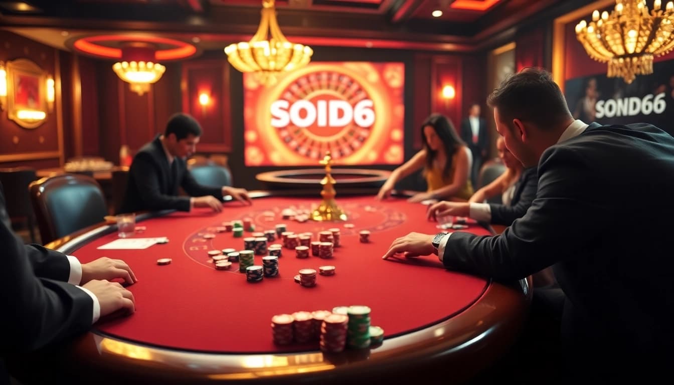 SODO66 players strategizing at a luxurious casino poker table amid vibrant lights.