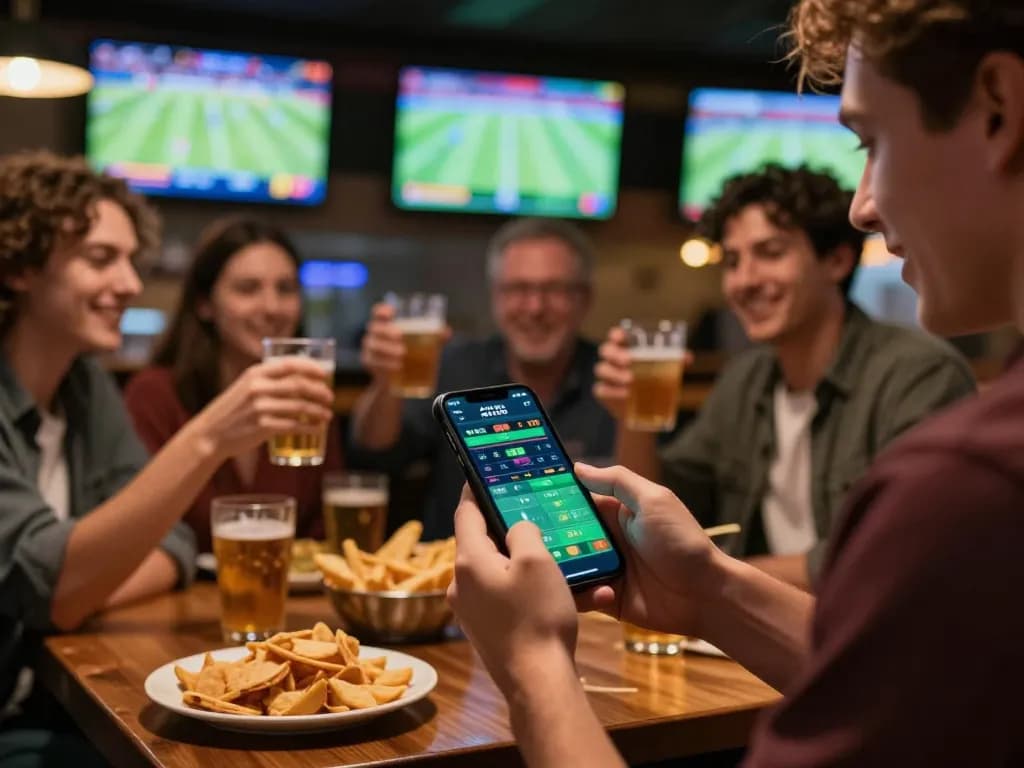 Engaged user placing keonhacai bets on smartphone while watching live sports events with friends.