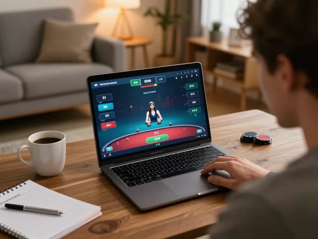 Playing poker on trang chủ 98win in a cozy home setting with strategy notes nearby.