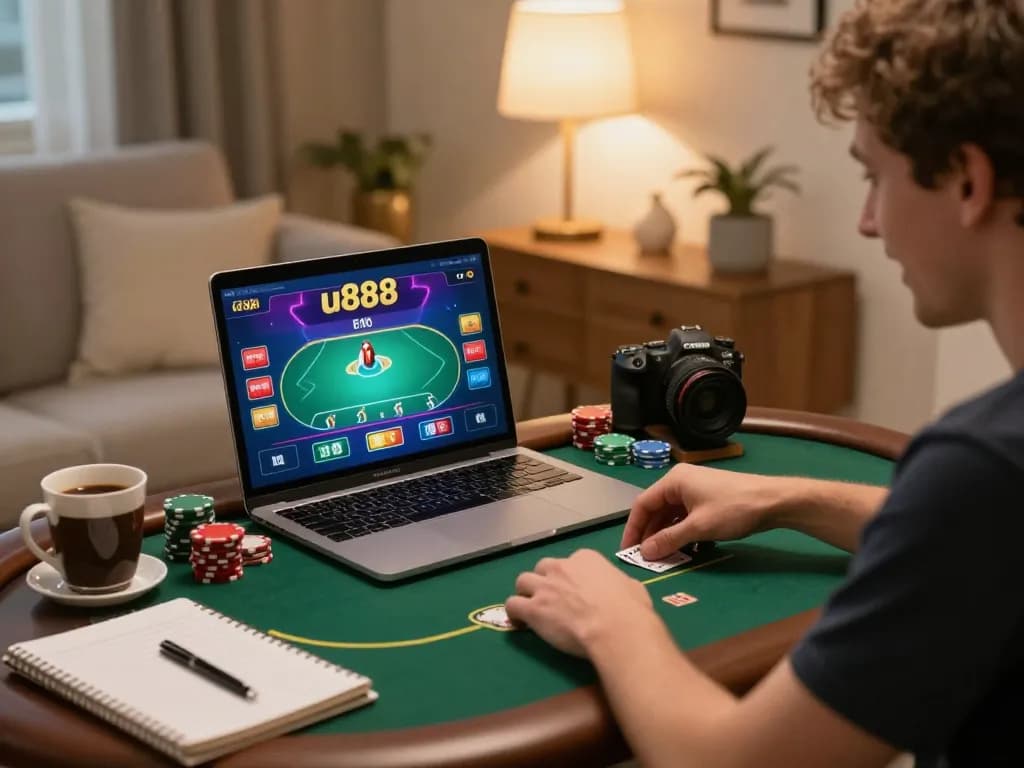 Engaging online poker gameplay on u888 app from a cozy home setup, showcasing active betting.
