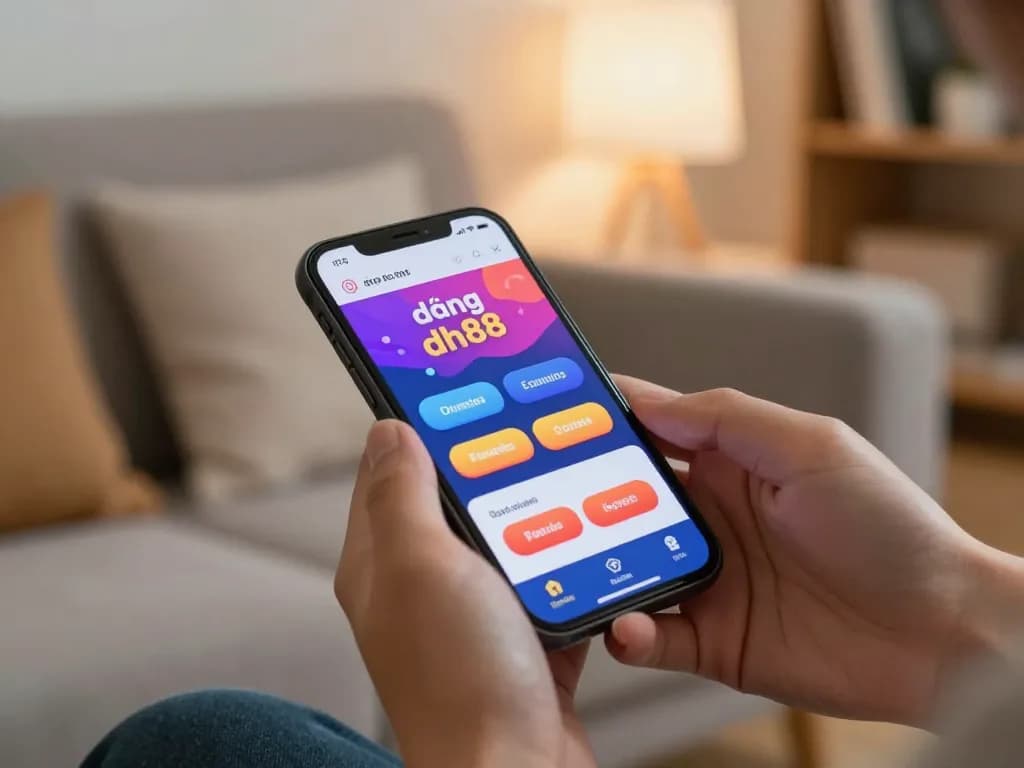 Engaging moment of online gambling as user selects đăng nhập dh88 on smartphone in a cozy home setting.