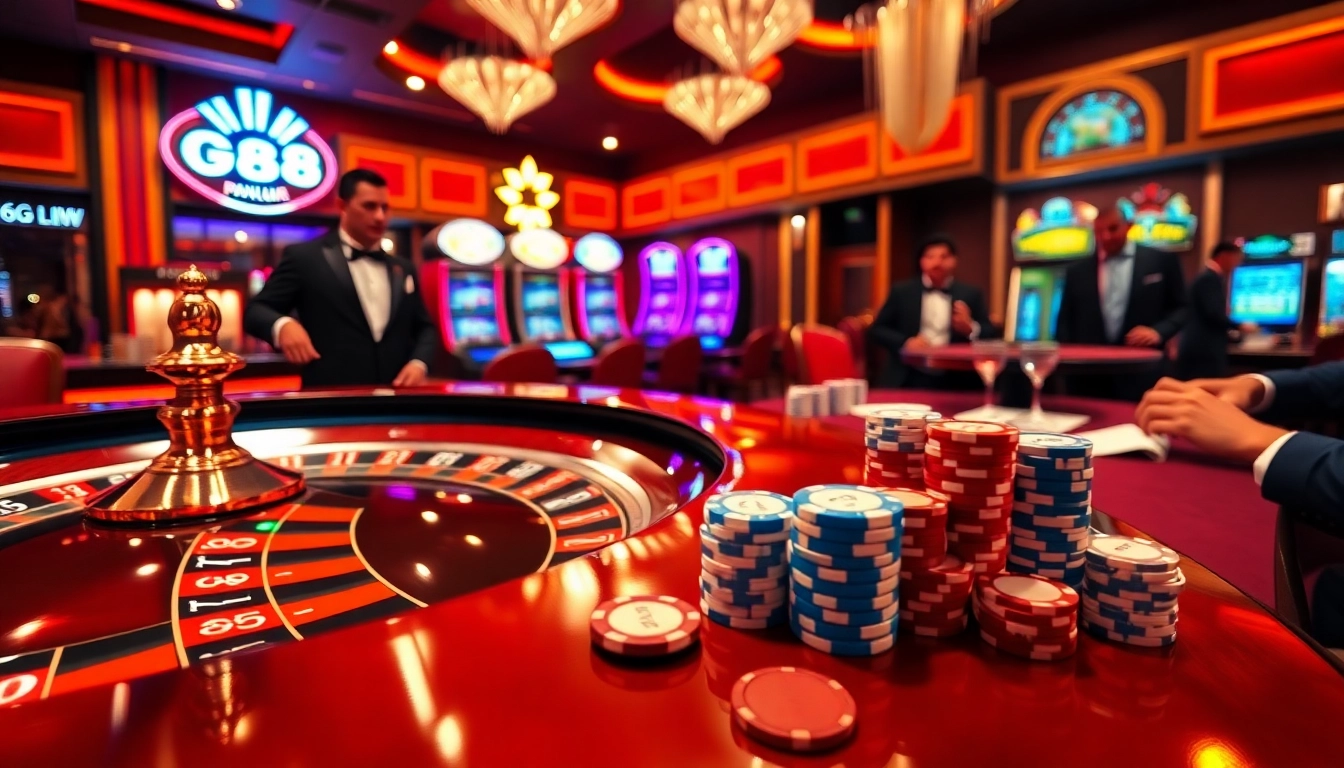 Experience the excitement of TG88 gaming with vibrant casino tables, poker chips, and roulette wheels.