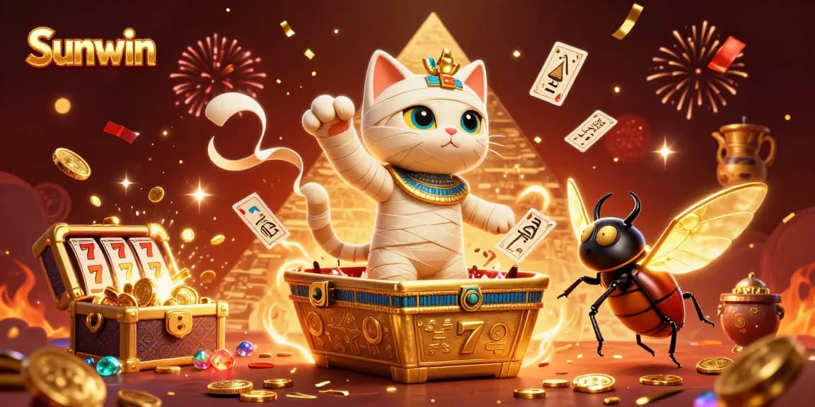 Experience Sunwin's thrilling casino adventure with a mummy cat and scarab beetle amidst dazzling golden treasures.