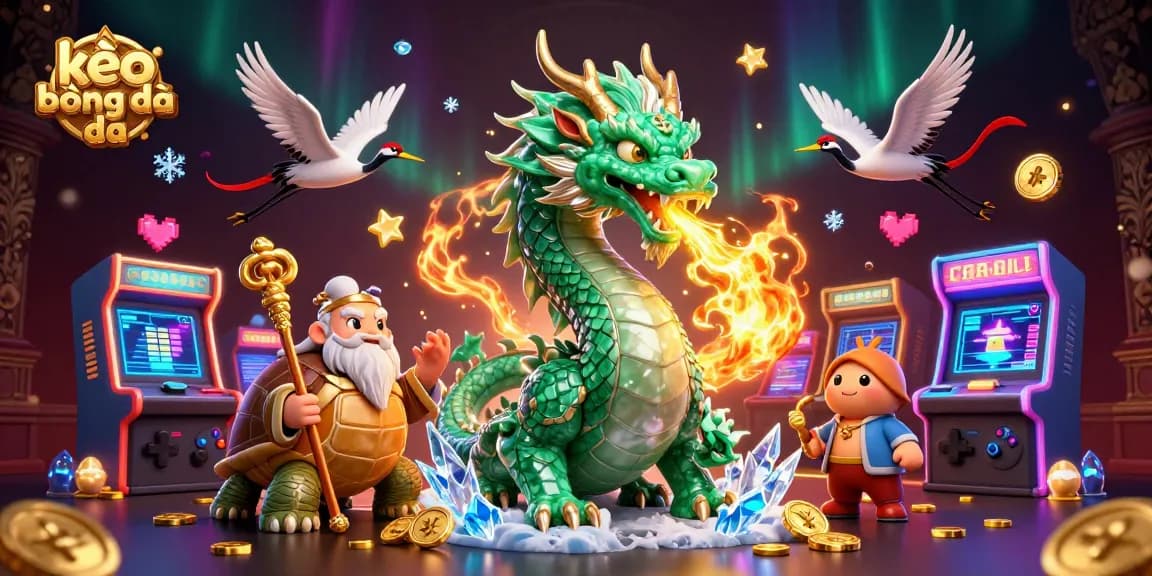 Place bets on kèo bóng đá with a dynamic scene featuring a jade dragon and lucky cranes.