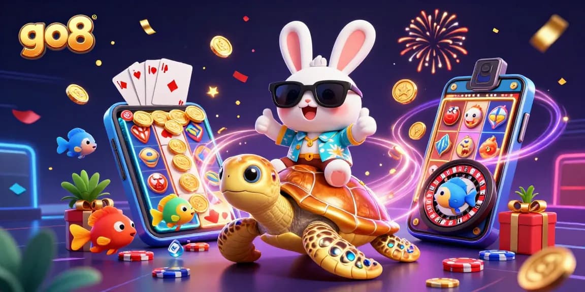 Experience the go8 excitement with a lucky rabbit and golden turtle in an action-packed slot scene!
