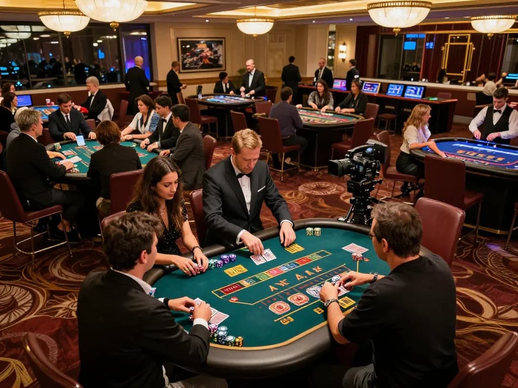 Players strategizing at 789win casino tables, engaging in dynamic gameplay amidst vibrant surroundings.