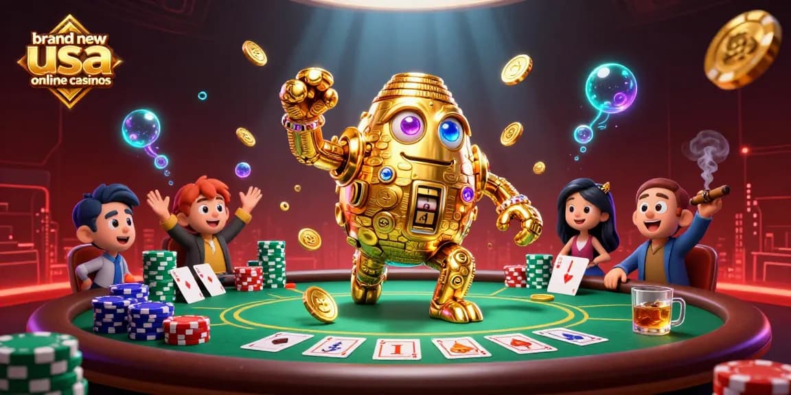 Engage with brand new usa online casinos in a vibrant poker scene featuring golden golem characters.