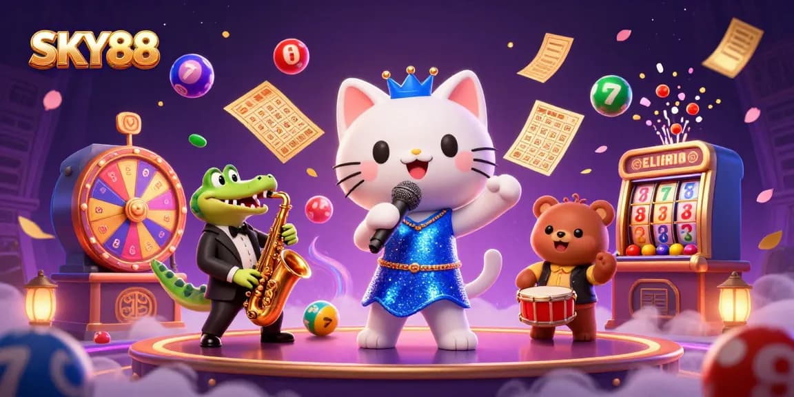 Experience the excitement of SKY88 with lively casino characters amidst colorful gaming elements!