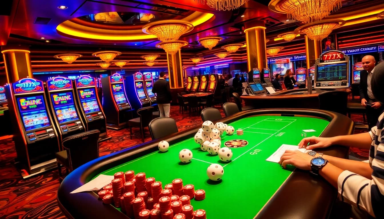 Players enjoying the thrills of the 777X game amidst vibrant casino tables and slot machines.
