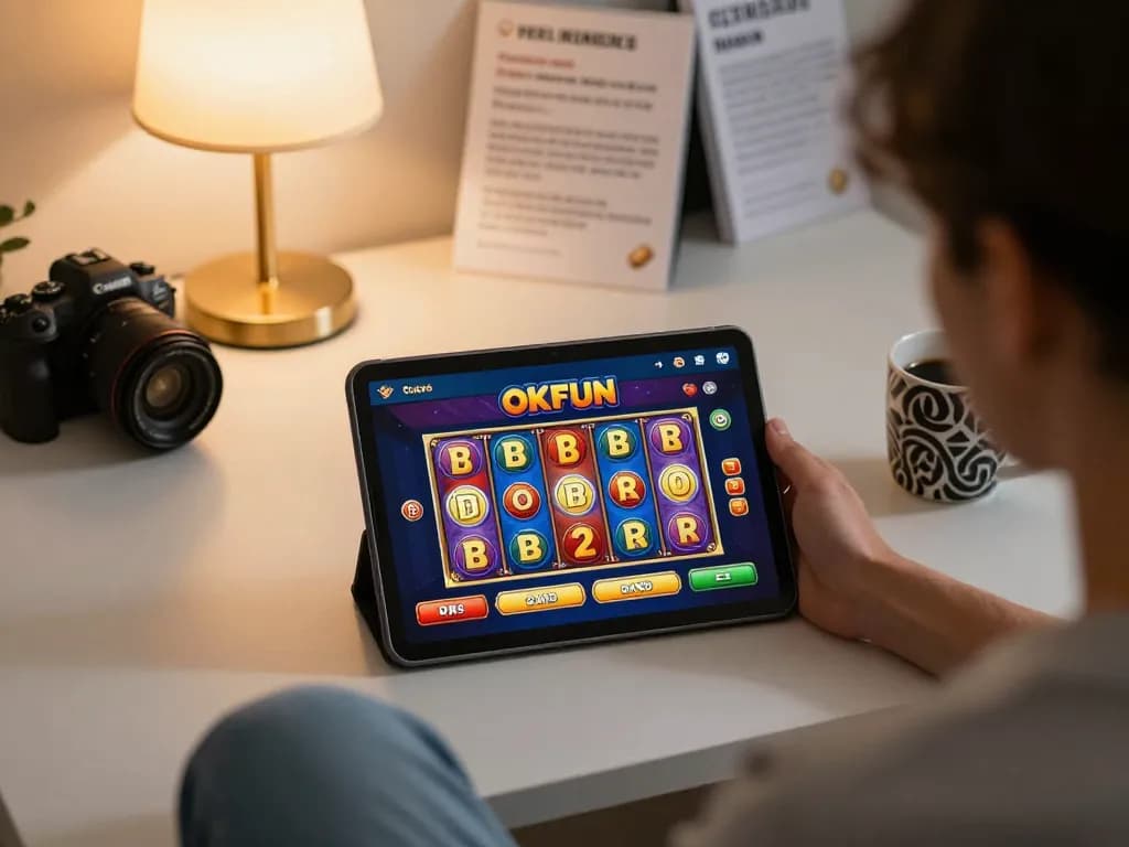 Engaging in online gaming on OKFUN platform with colorful slot reels visible on tablet.