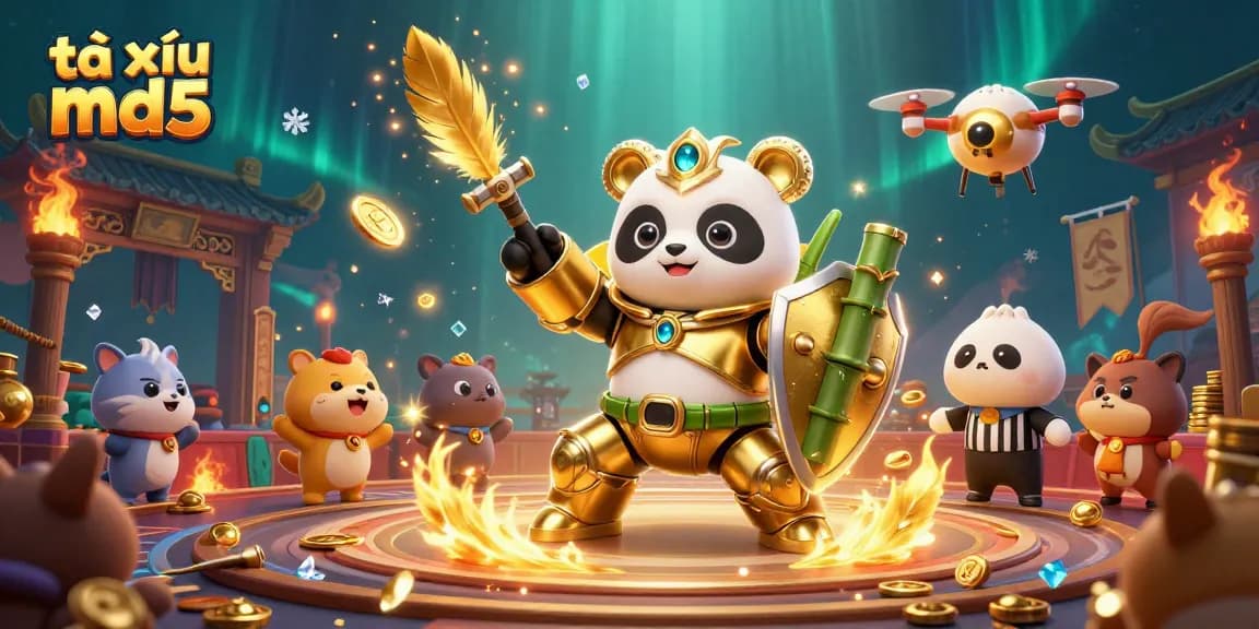 Engage in thrilling tài xỉu md5 action with an energetic mech-suit panda amidst cheering spectators.