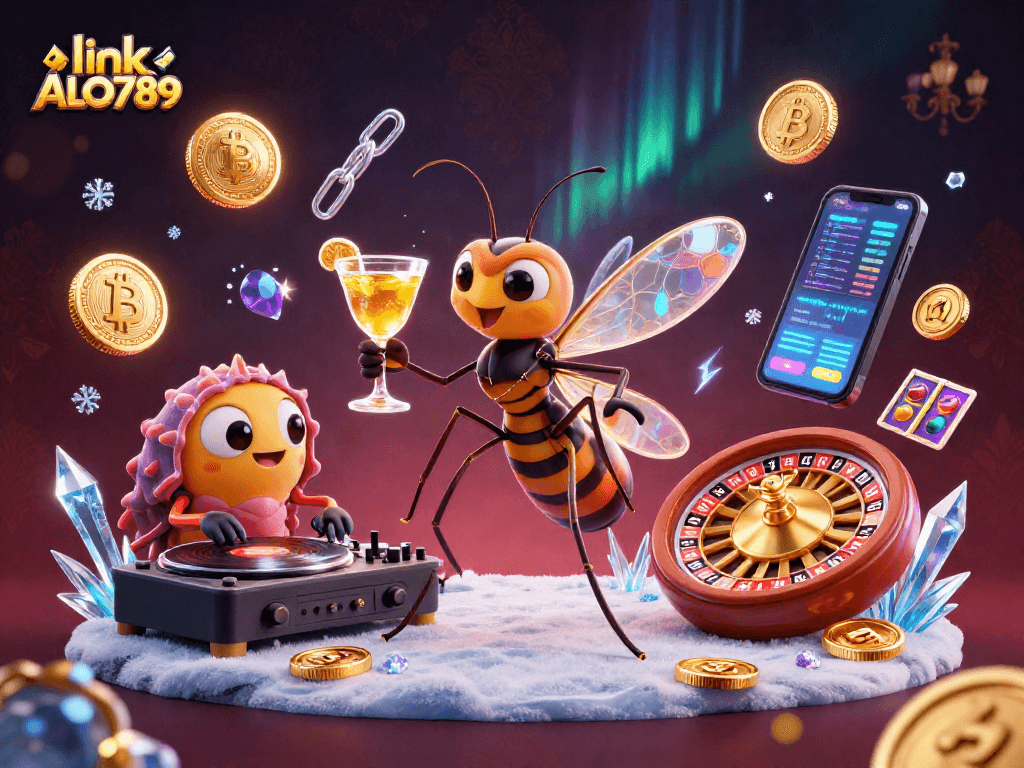 Engage with exciting games at link ALO789, featuring rich 3D casino illustrations and crypto elements.
