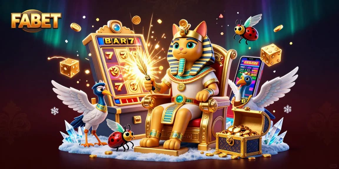 Experience the excitement of FABET with a vibrant 3D casino scene featuring a royal pharaoh cat.