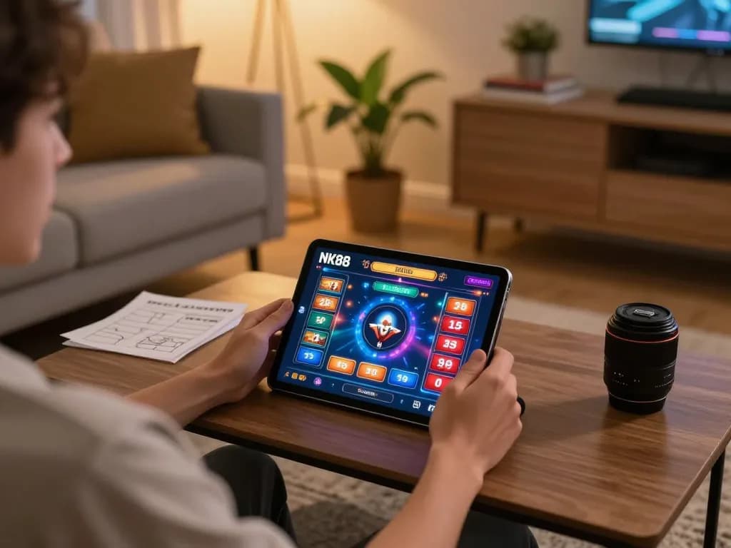 Engaging with NK88 online casino games from a cozy home setup, showcasing tablet gameplay and strategic notes.
