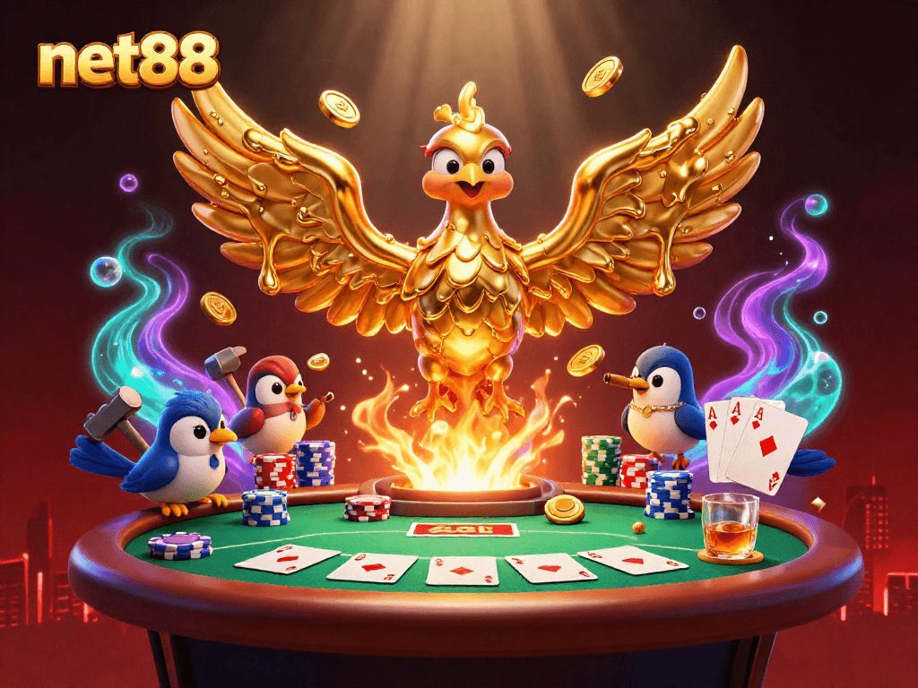 Experience dynamic gameplay with net88's vibrant poker scene featuring golden phoenix and chips.