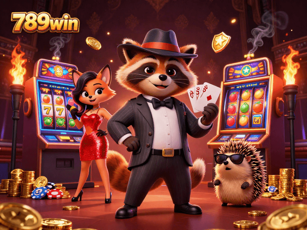 Experience the thrill of 789win with colorful slots and lively characters in a vibrant casino scene.