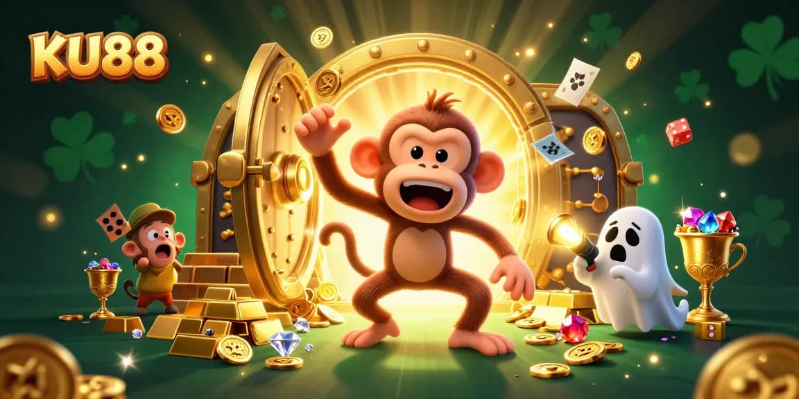 Experience the thrill of gambling with KU88 in a vibrant haunted casino illustration showcasing gaming elements.