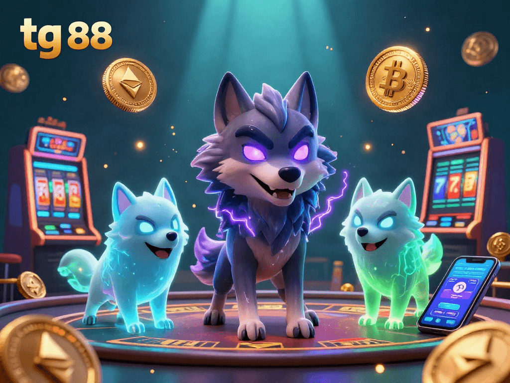 Experience thrilling gaming with tg 88, showcasing 3D wolf characters amidst vibrant crypto elements in an enhanced casino scene.