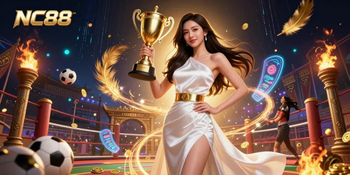 Experience the excitement of NC88 with a stunning illustration of a victorious Asian woman holding a trophy in a vibrant casino setting.