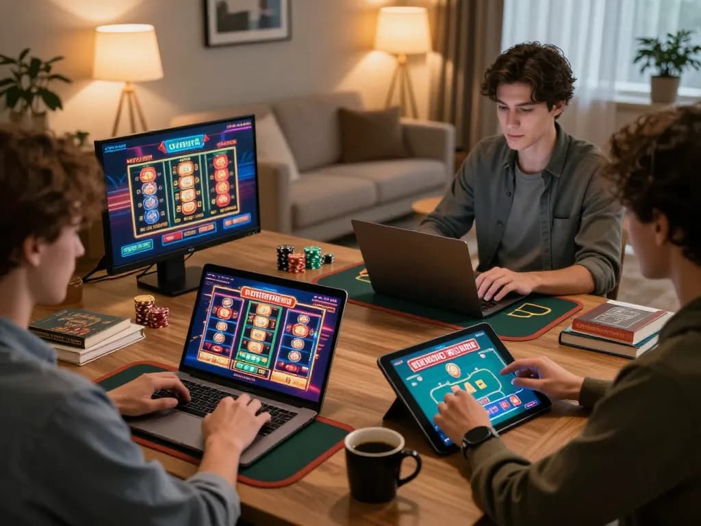 Players strategizing in an engaging online casino game experience, showcasing KING79 setups at home.