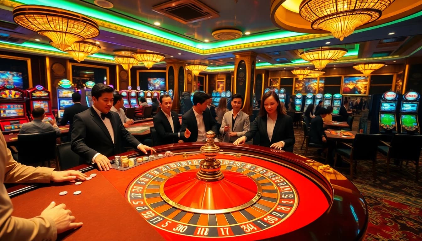 Gambling action at https://urr88.com/ roulette table with players excitedly betting and a dealer spinning the wheel.