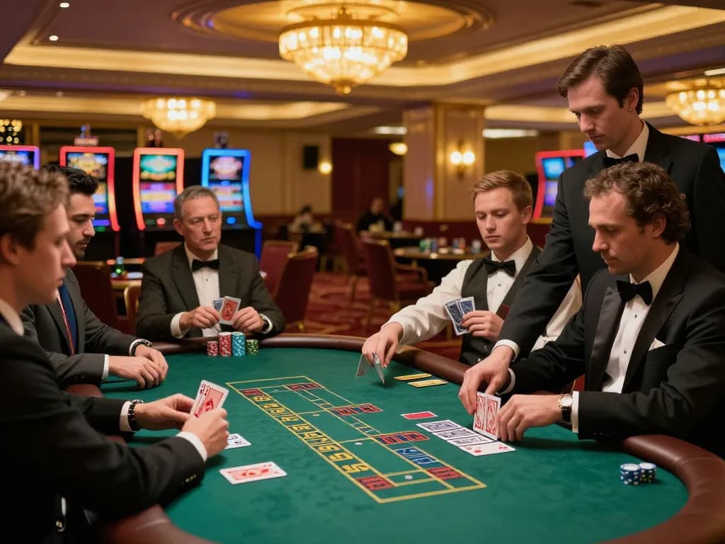 Experience strategic blackjack gameplay at TA88's luxurious casino tables with eager players.