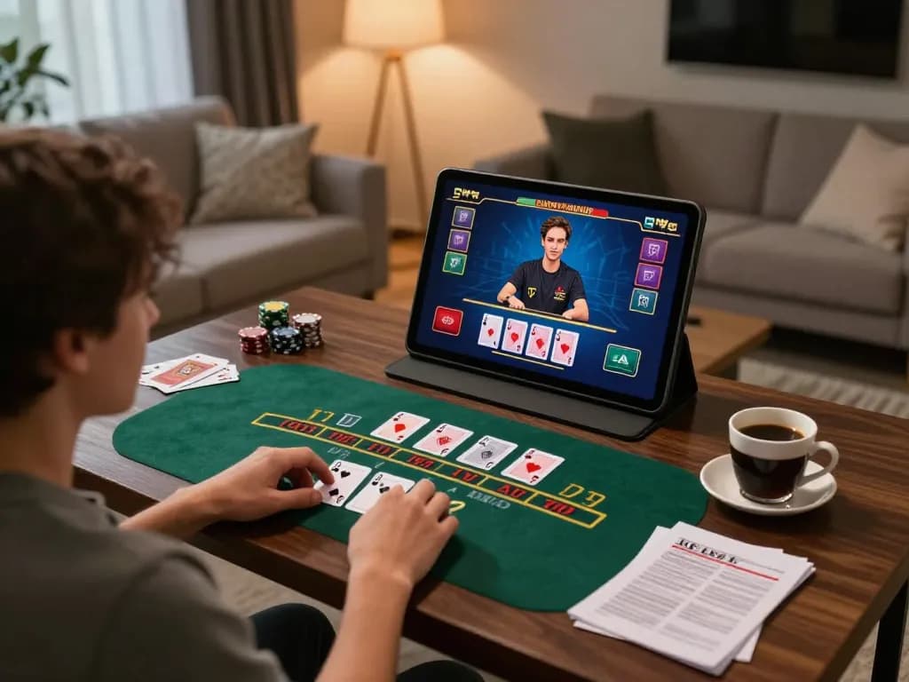 U888 player enjoying blackjack on tablet in a stylish home setup, showcasing interactive online gaming.