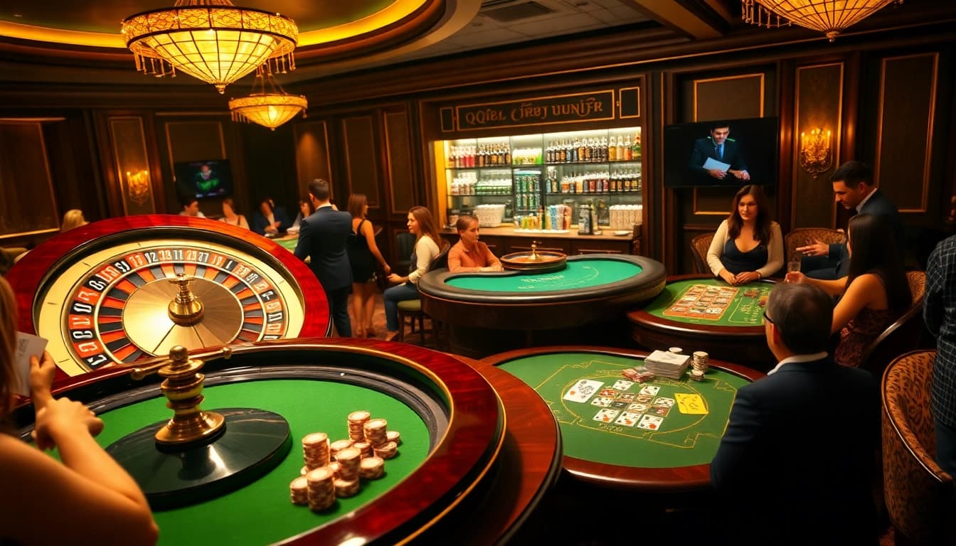 Experience thrilling gameplay at QQ88's luxurious casino, featuring poker tables and roulette wheels.