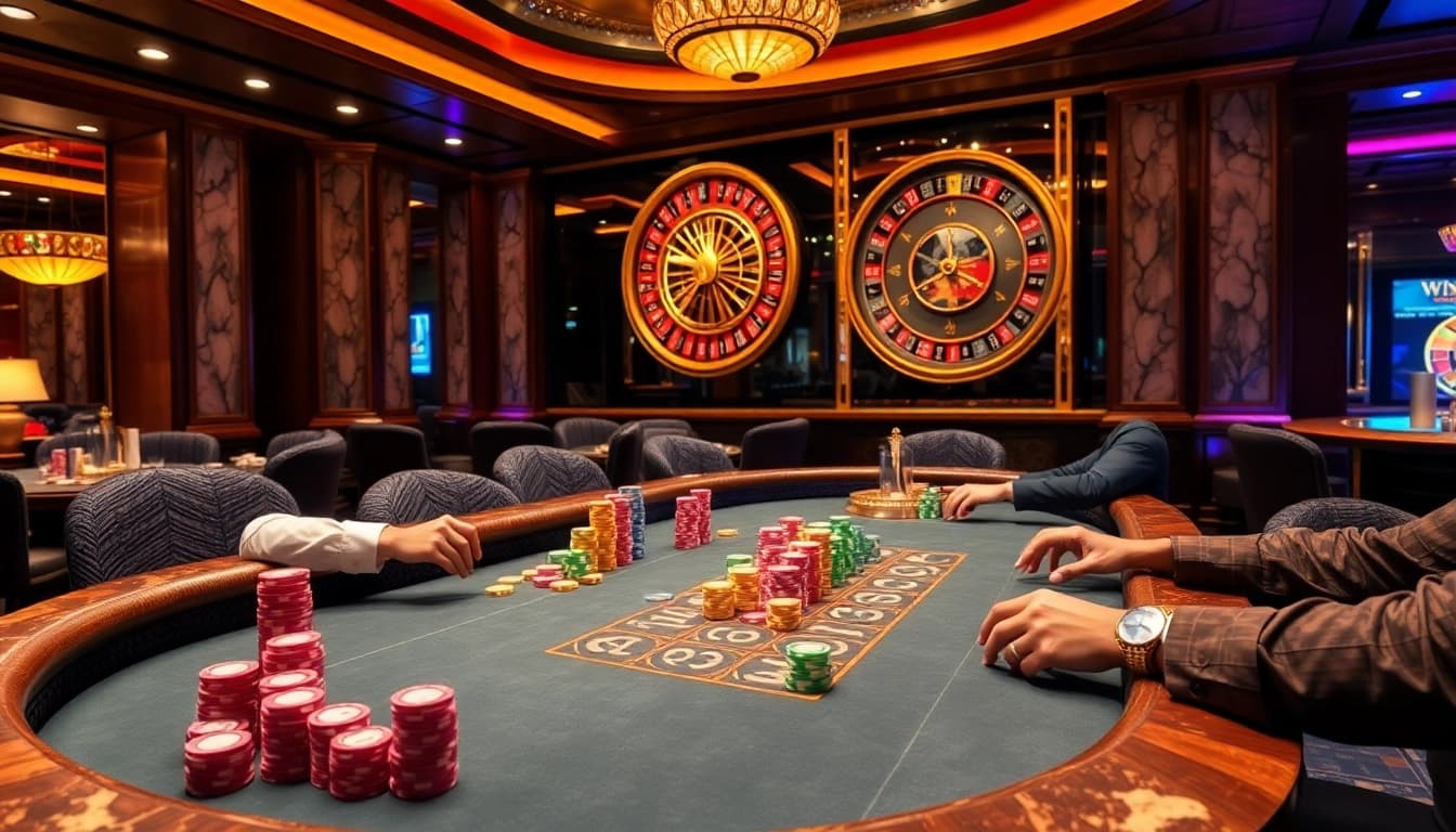 Players enjoying an intense poker game at debet casino, showcasing vibrant chips and a gold roulette wheel.