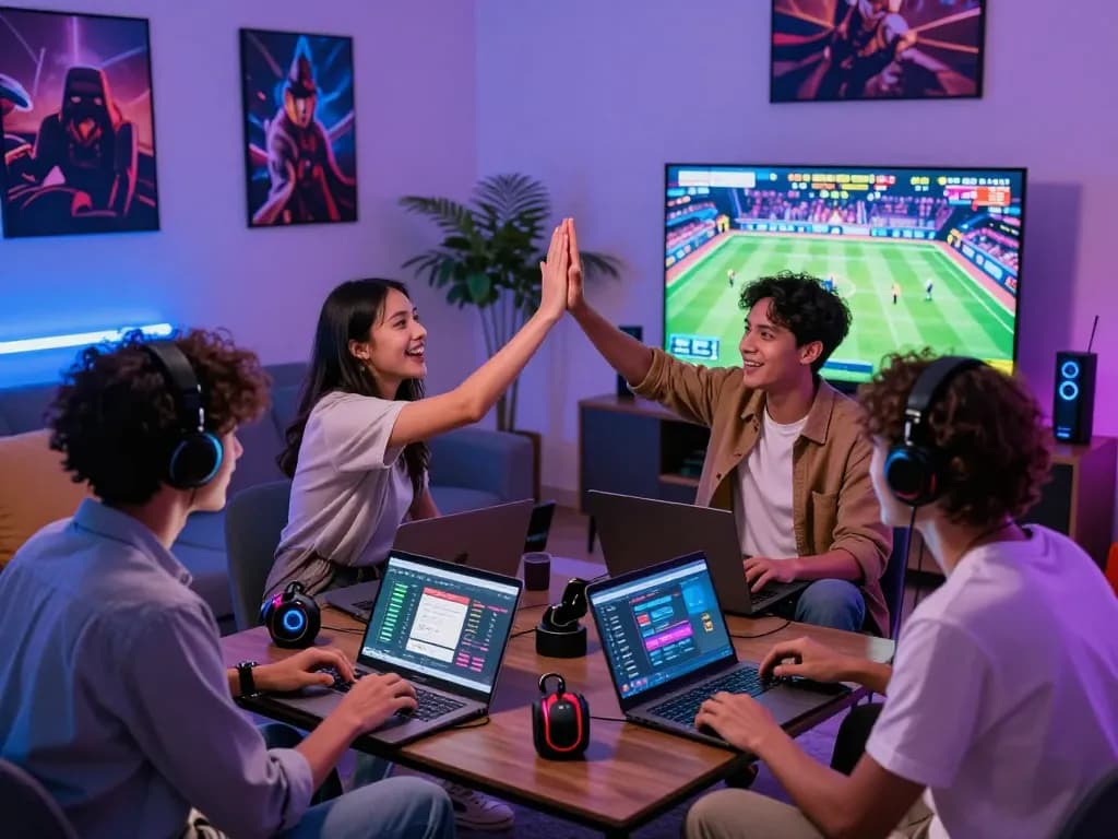 Watch friends enjoy online betting at https://okwin68.net/ in a vibrant gaming setting with laptops and excitement.