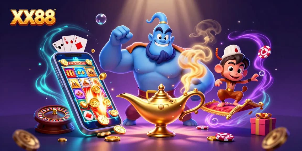 Experience the thrill of winning with XX88’s vibrant casino illustration featuring a magical genie and poker elements.