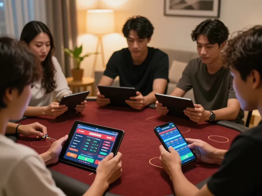 Engaged players using devices for đánh đề online with friends in a cozy setting.
