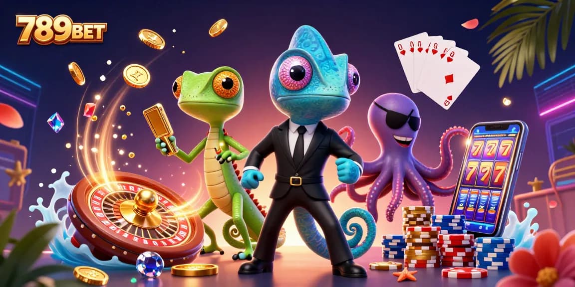 Experience the thrill of gambling with 789BET's colorful 3D scene featuring vibrant casino action.