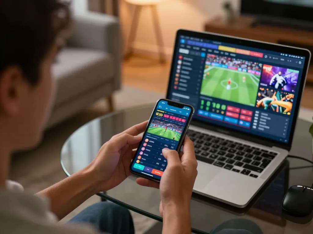 Experience the thrill of online sports betting with 79KING on a smartphone in a cozy living room.