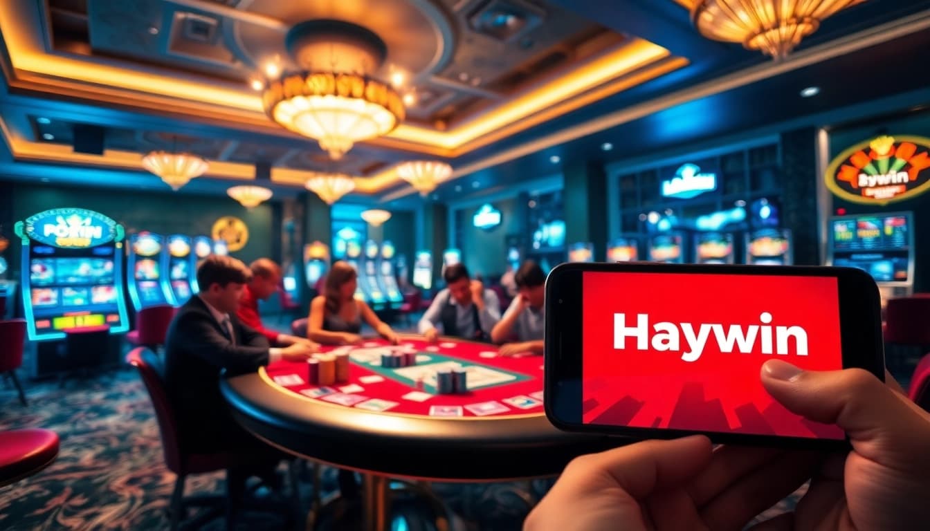 Exciting poker action at Haywin casino with vibrant chips and lively atmosphere.