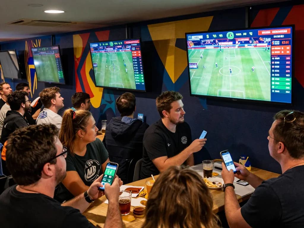 S88 sports betting enthusiasts analyzing odds and placing bets during a live game