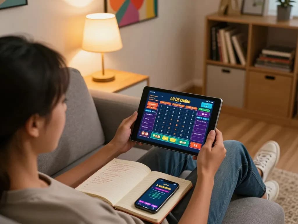 Lô Đề Online enthusiast placing bets on a tablet in a cozy home setting with strategy notes.