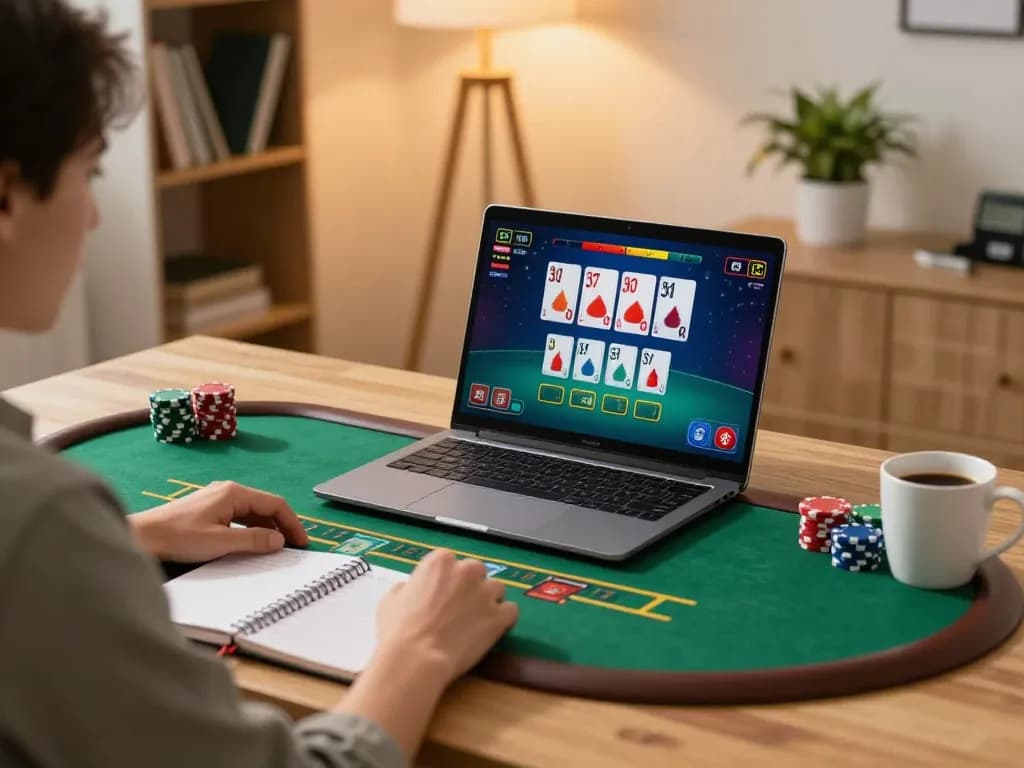 Player engaging in lc88 online blackjack gameplay at home, showcasing strategic notes and cozy setup.