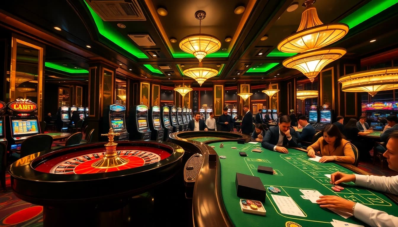 Exciting scene showcasing top nhà cái action with players at a luxury casino table.