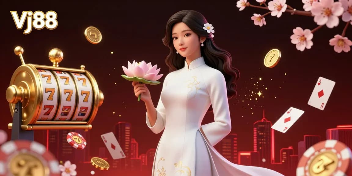 Engage with Vj88's vibrant 3D casino illustration showcasing a serene Asian woman amidst dynamic gaming elements.