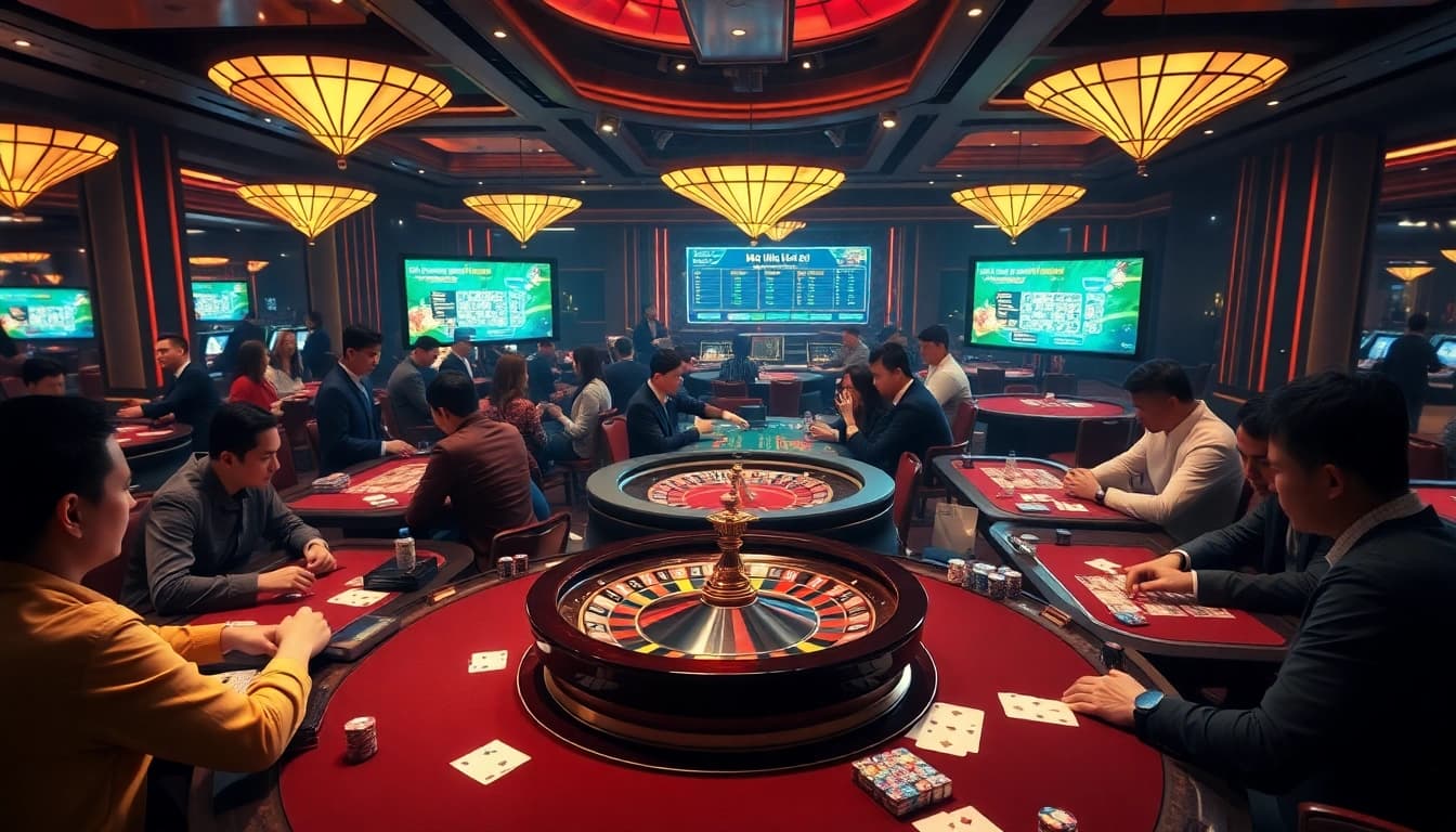Engaging gamblers examining keo nha cai odds at an upscale casino table, set against a vibrant backdrop.