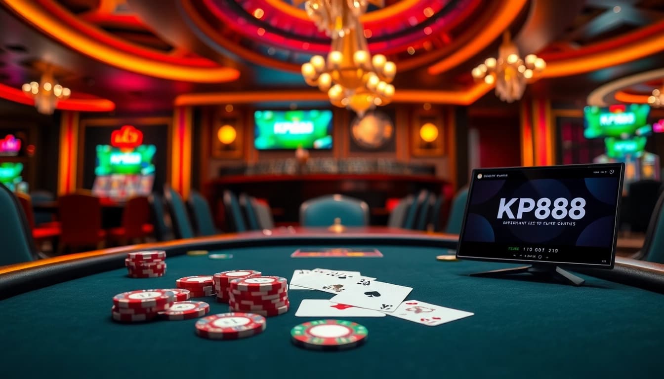 Experience intense poker action at KP88 casino with vibrant chips and cards.