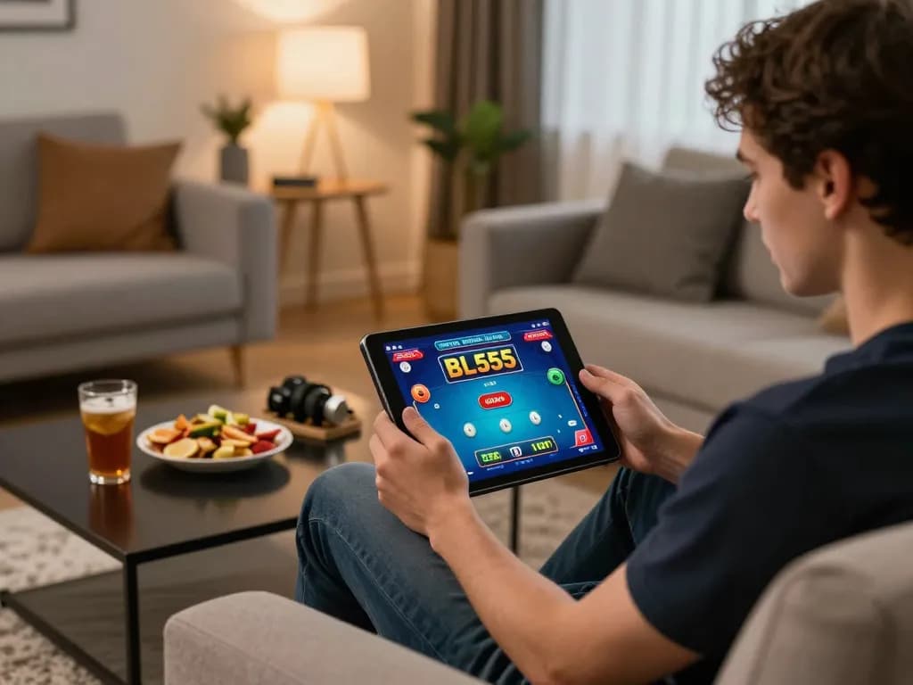 Engaging with BL555 poker game on tablet in a cozy home setup.