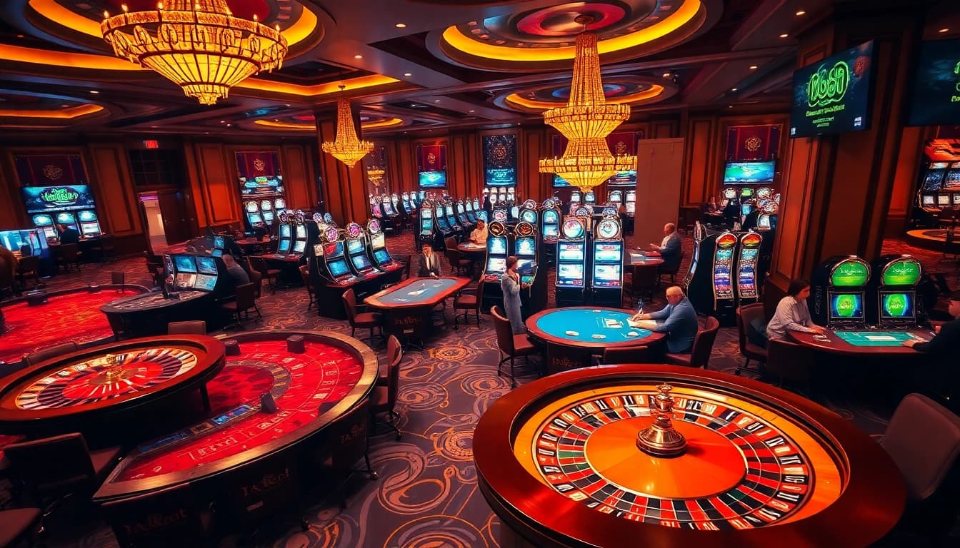 8kbet players engaging at a professional casino with roulette, poker, and slots.