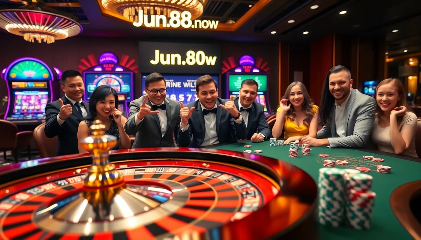 Experience vibrant gambling action at Jun88.now with players enjoying roulette and poker.