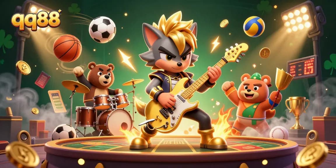 Experience thrilling gaming action with qq88, featuring vibrant characters, sports balls, and a lively casino atmosphere.