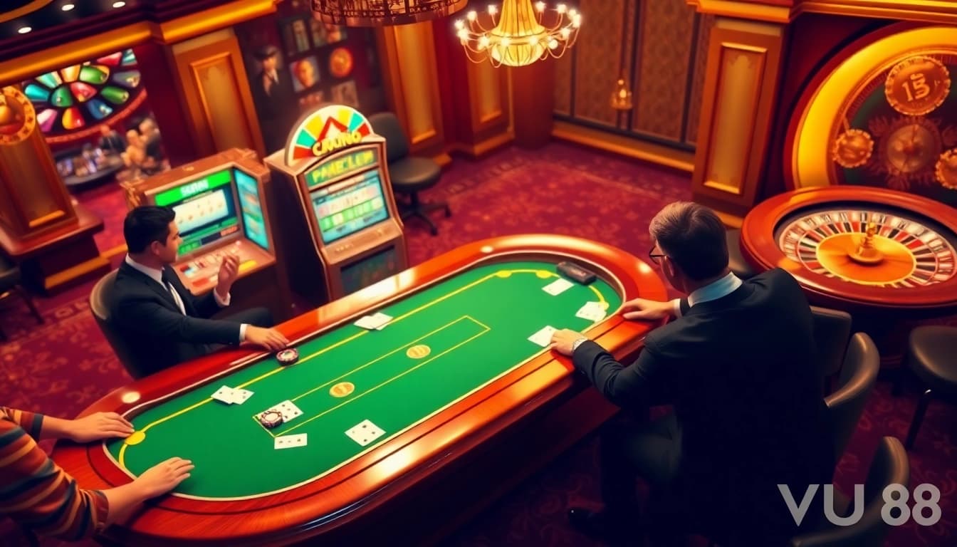 Experience the thrill of VU88 with vibrant casino visuals featuring poker tables and roulette.