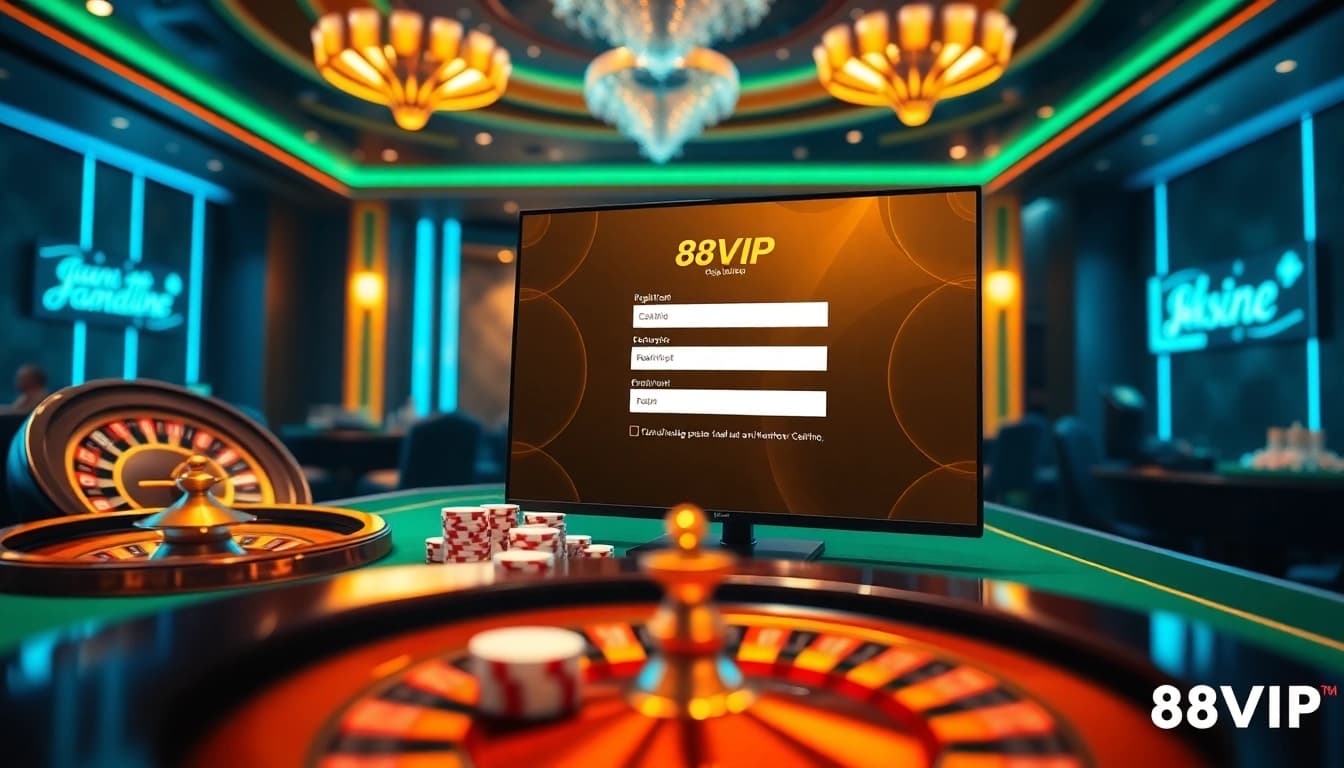 Register easily with Đăng Ký Nhà Cái 68VIP at an elegant casino interface, featuring vibrant gaming elements.