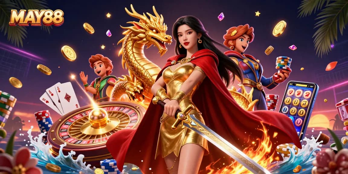 MAY88 offers an engaging casino experience with vibrant gameplay, showcasing a warrior queen amidst golden coins and a spinning roulette wheel.